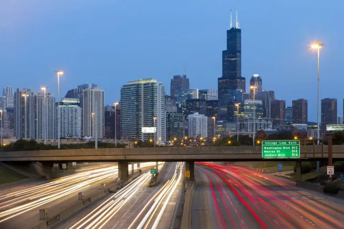 Framed Print : USA, Illinois, Chicago, Interstate leading Downtown Framed Print : USA, Illinois, Chicago, Interstate leading Downtown