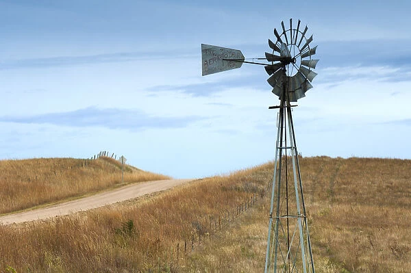 USA, Kansas, Ellsworth County, Windmill, Dirt Road, Smoky Hills Region