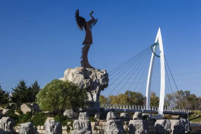 Framed Print : USA, Kansas, Wichita, Keeper of the Plains statue and footbridge on the Arkansas River Framed Print : USA, Kansas, Wichita, Keeper of the Plains statue and footbridge on the Arkansas River