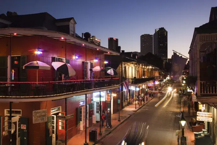 Framed Print : USA, Louisiana, New Orleans, French Quarter, Bourbon Street and city skyline Framed Print : USA, Louisiana, New Orleans, French Quarter, Bourbon Street and city skyline