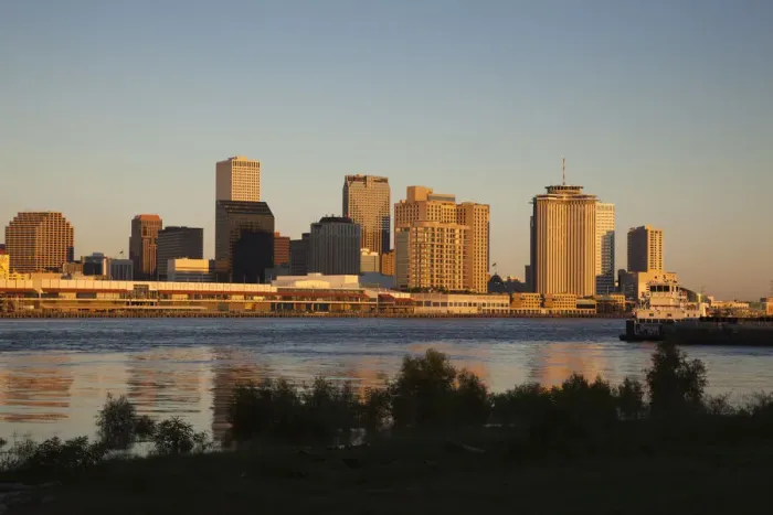 Framed Print : USA, Louisiana, New Orleans, skyline and Mississippi River, dawn Framed Print : USA, Louisiana, New Orleans, skyline and Mississippi River, dawn