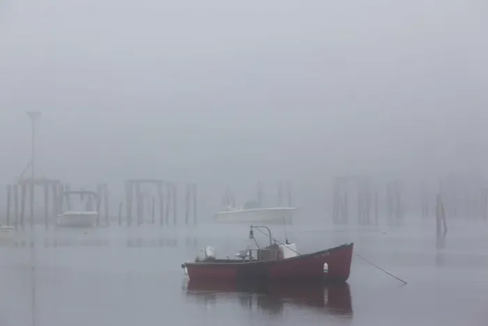 Framed Print : USA, Maine, Cape Neddick, fishing boat in fog Framed Print : USA, Maine, Cape Neddick, fishing boat in fog