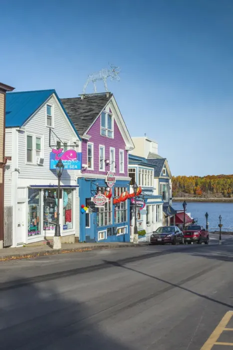 Framed Print : USA, Maine, Mt. Desert Island, Bar Harbor, restaurants along Main Street, autumn, morning Framed Print : USA, Maine, Mt. Desert Island, Bar Harbor, restaurants along Main Street, autumn, morning