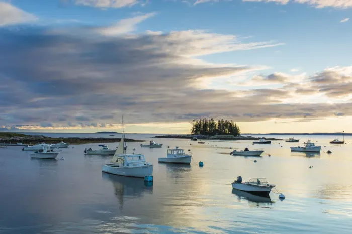 Framed Print : USA, Maine, Newagen harbor view by The Cuckolds islands Framed Print : USA, Maine, Newagen harbor view by The Cuckolds islands