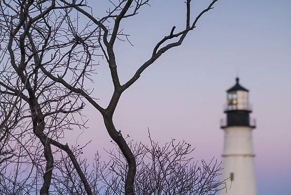 USA, Maine, Portland, Cape Elizabeth, Portland Head Light, lighthouse, dusk, defocussed