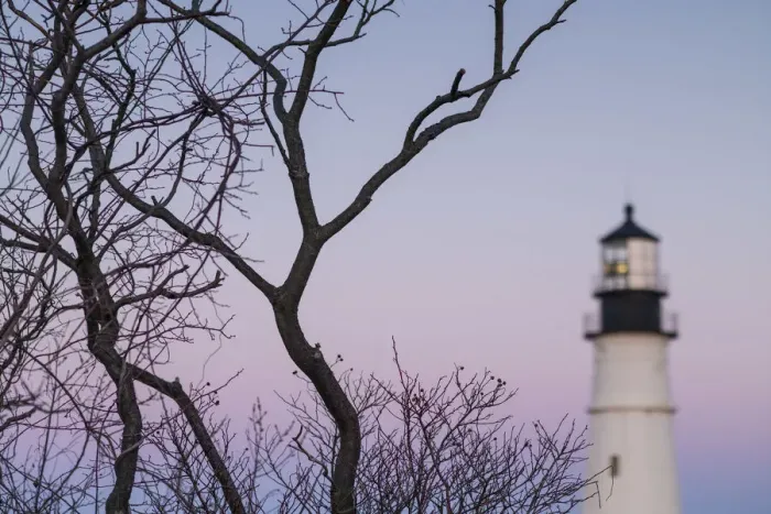 Framed Print : USA, Maine, Portland, Cape Elizabeth, Portland Head Light, lighthouse, dusk, defocussed