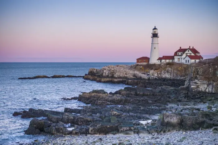 Framed Print : USA, Maine, Portland, Cape Elizabeth, Portland Head Light, lighthouse, dusk Framed Print : USA, Maine, Portland, Cape Elizabeth, Portland Head Light, lighthouse, dusk