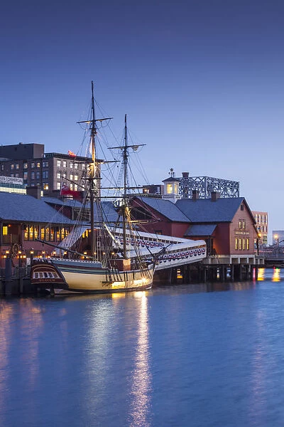 USA, Massachusetts, Boston, Boston Tea Party Museum, Fort Point Channel, dusk