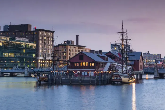 Framed Print : USA, Massachusetts, Boston, Boston Tea Party Museum, Fort Point Channel, dusk Framed Print : USA, Massachusetts, Boston, Boston Tea Party Museum, Fort Point Channel, dusk