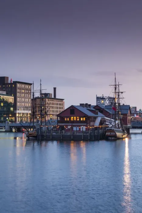 Framed Print : USA, Massachusetts, Boston, Boston Tea Party Museum, Fort Point Channel, dusk Framed Print : USA, Massachusetts, Boston, Boston Tea Party Museum, Fort Point Channel, dusk