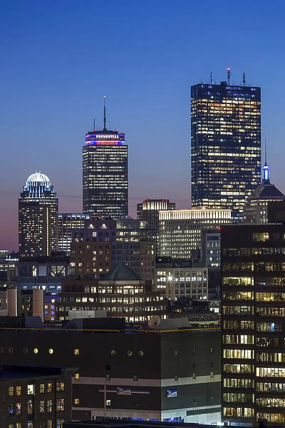 USA, Massachusetts, Boston, elevated city skyline of the Back Bay, dusk