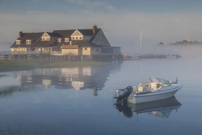 Framed Print : USA, Massachusetts, Cape Ann, Annisquam, Annisquam Yacht Club in summer fog Framed Print : USA, Massachusetts, Cape Ann, Annisquam, Annisquam Yacht Club in summer fog