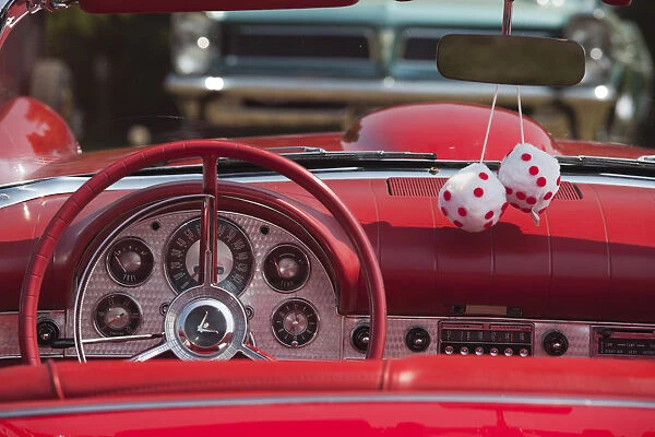 USA, Massachusetts, Cape Ann, Gloucester, antique car show, fuzzy dice in 1950 s-era