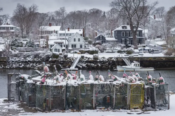 Framed Print : USA, Massachusetts, Cape Ann, Gloucester, early snow fall and lobster buoys on Lobster Framed Print : USA, Massachusetts, Cape Ann, Gloucester, early snow fall and lobster buoys on Lobster