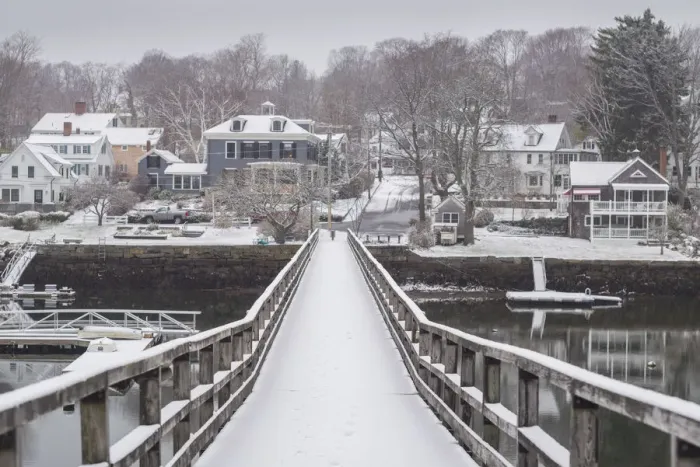 Framed Print : USA, Massachusetts, Cape Ann, Gloucester, Annisquam, footbridge and snow, winter Framed Print : USA, Massachusetts, Cape Ann, Gloucester, Annisquam, footbridge and snow, winter