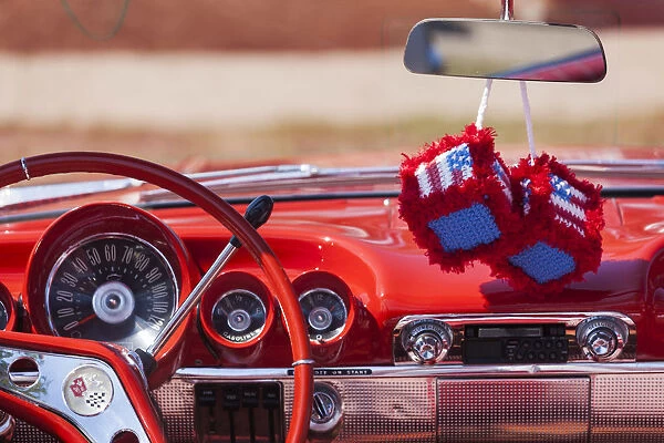 USA, Massachusetts, Cape Ann, Gloucester, antique car show, car with fuzzy dice