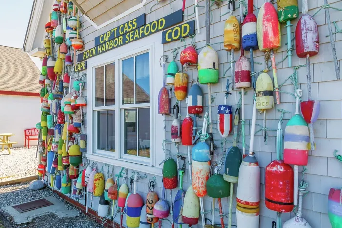 Framed Print : USA, Massachusetts, Cape Cod, Lower Cape, Orleans, Rock Harbor, Captain Cass Rock Harbor Seafood restaurant, decorated with lobster buoys Framed Print : USA, Massachusetts, Cape Cod, Lower Cape, Orleans, Rock Harbor, Captain Cass Rock Harbor Seafood restaurant, decorated with lobster buoys