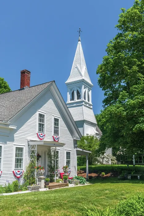Framed Print : USA, Massachusetts, Cape Cod, Mid Cape, Yarmouth Port, Thatcher Parsonage with Thacher Hall (formerly Yarmouth New Church) beyond Framed Print : USA, Massachusetts, Cape Cod, Mid Cape, Yarmouth Port, Thatcher Parsonage with Thacher Hall (formerly Yarmouth New Church) beyond