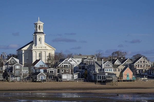 USA, Massachusetts, Cape Cod, Provincetown, town skyline with library, morning