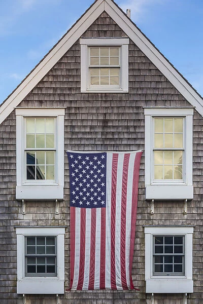 USA, Massachusetts, Cape Cod, Provincetown, The West End, house with US flag
