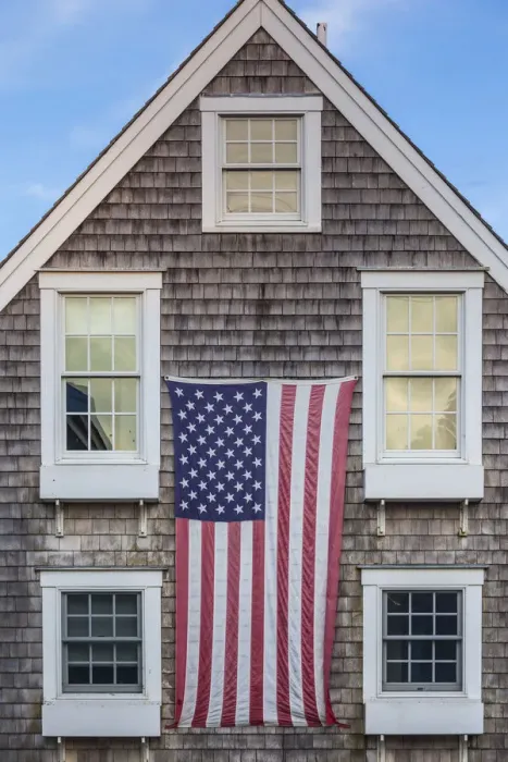 Framed Print : USA, Massachusetts, Cape Cod, Provincetown, The West End, house with US flag Framed Print : USA, Massachusetts, Cape Cod, Provincetown, The West End, house with US flag