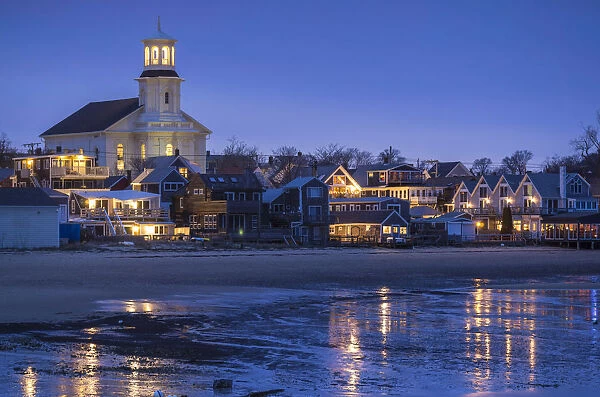 USA, Massachusetts, Cape Cod, Provincetown, town skyline with library, dusk