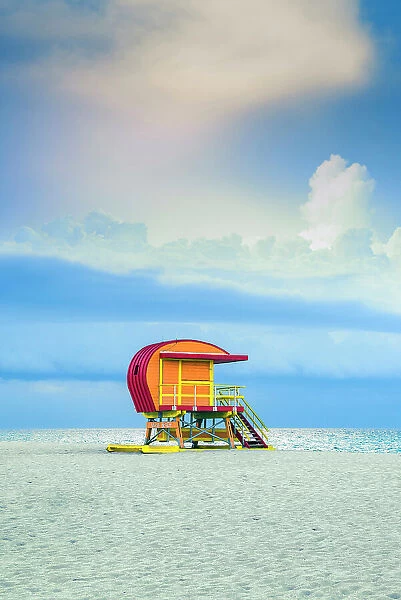 USA, Miami Beach, Florida, South Beach, Lifeguard Tower, Dusk