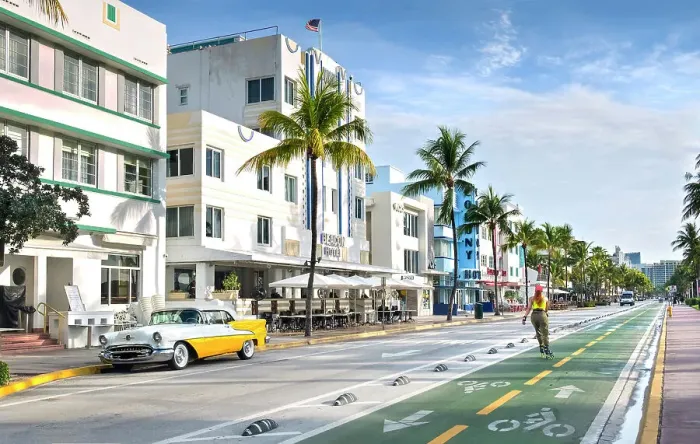 Framed Print : USA, Miami Beach, Florida, South Beach, Ocean Drive, Art Deco Hotels, Sunrise, 1955 Oldsmobile, Rollerblading Framed Print : USA, Miami Beach, Florida, South Beach, Ocean Drive, Art Deco Hotels, Sunrise, 1955 Oldsmobile, Rollerblading