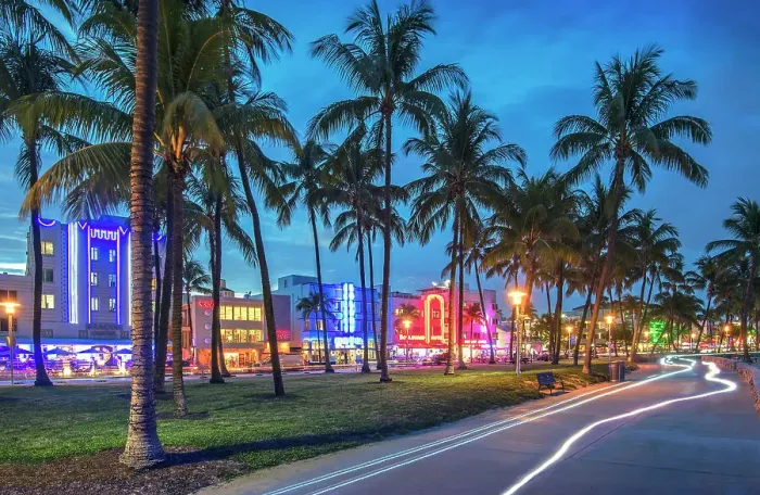 Framed Print : USA, Miami Beach, Florida, South Beach, Lummus Park Promenade, Ocean Drive, Art Deco Hotels, Dusk, Palm Trees Framed Print : USA, Miami Beach, Florida, South Beach, Lummus Park Promenade, Ocean Drive, Art Deco Hotels, Dusk, Palm Trees