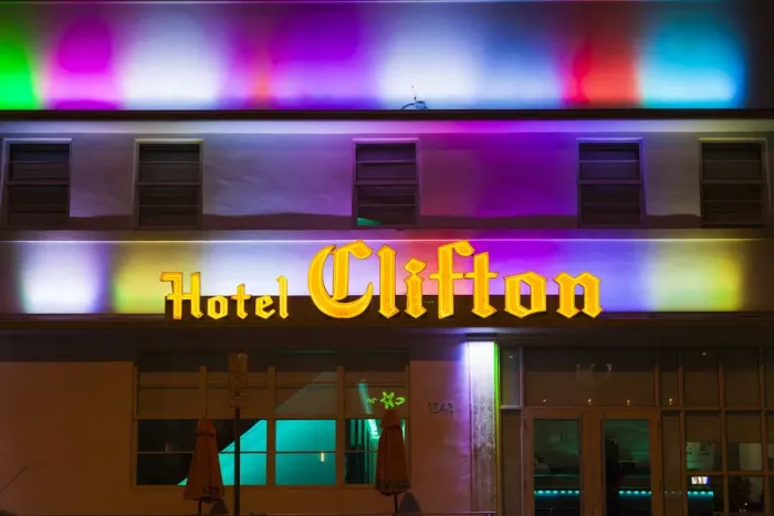 Framed Print : USA, Miami Beach, South Beach, The Clifton Hotel, evening Framed Print : USA, Miami Beach, South Beach, The Clifton Hotel, evening