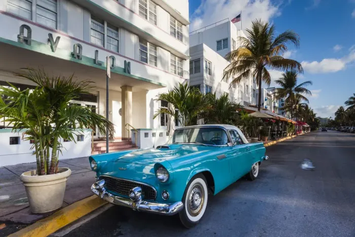 Framed Print : USA, Miami Beach, South Beach, Ocean Drive, Avalon Hotel and 1957 Thunderbird car Framed Print : USA, Miami Beach, South Beach, Ocean Drive, Avalon Hotel and 1957 Thunderbird car