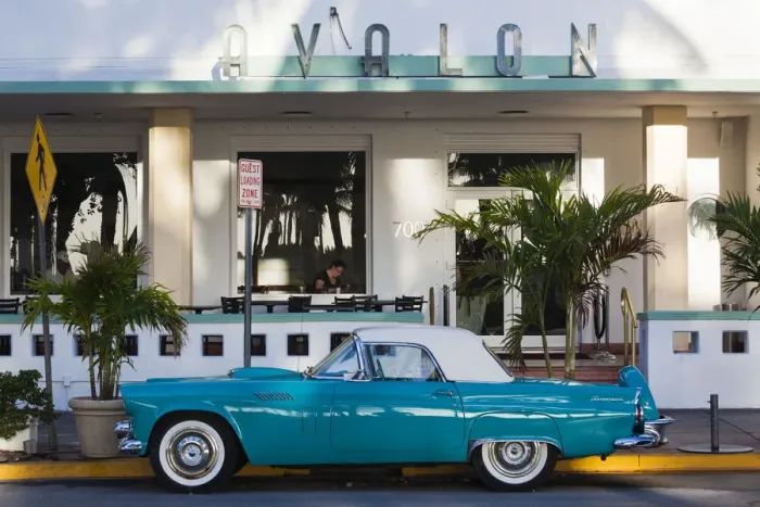 Framed Print : USA, Miami Beach, South Beach, Ocean Drive, Avalon Hotel and 1957 Thunderbird car Framed Print : USA, Miami Beach, South Beach, Ocean Drive, Avalon Hotel and 1957 Thunderbird car