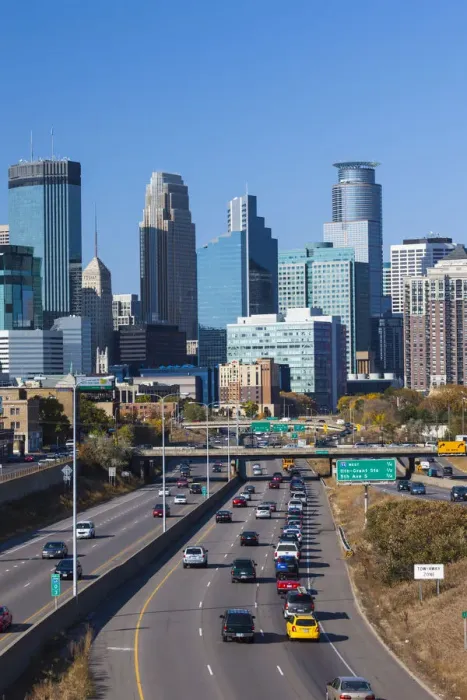 Framed Print : USA, Minnesota, Minneapolis, city skyline from interstate highway I-35W Framed Print : USA, Minnesota, Minneapolis, city skyline from interstate highway I-35W