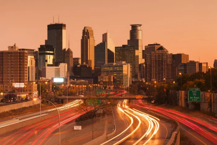 Framed Print : USA, Minnesota, Minneapolis, city skyline from interstate highway I-35W Framed Print : USA, Minnesota, Minneapolis, city skyline from interstate highway I-35W