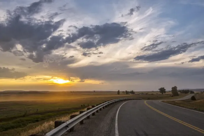 Framed Print : USA, Montana, Bozeman, rural road at sunset