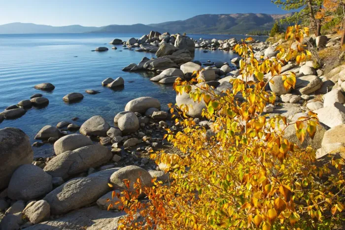 Framed Print : USA, Nevada, Lake Tahoe, Nevada State Park, Shoreline with boulders near the village