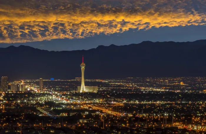Framed Print : USA, Nevada, Las Vegas, Stratosphere and downtown at night Framed Print : USA, Nevada, Las Vegas, Stratosphere and downtown at night