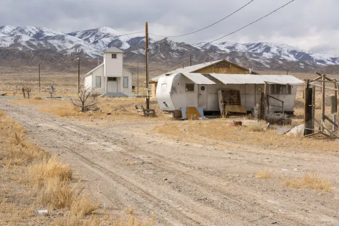 Framed Print : USA, Nevada, Luning, Pax Americana, Church and trailer in the desert Framed Print : USA, Nevada, Luning, Pax Americana, Church and trailer in the desert