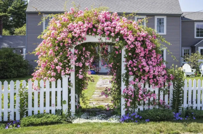 Framed Print : USA, New England, Maine, Cape Porpoise, flower covered gate, summer Framed Print : USA, New England, Maine, Cape Porpoise, flower covered gate, summer