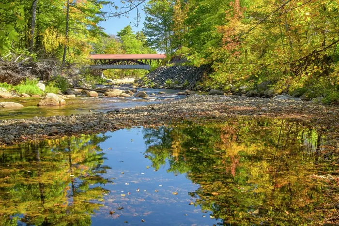 Framed Print : USA, New England, New Hampshire, Conway, White Mountains, Historic Saco River Covered Bridge