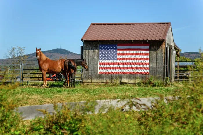 Framed Print : USA, New England, New Hampshire, Grafton County, Goshen, Barn with flag