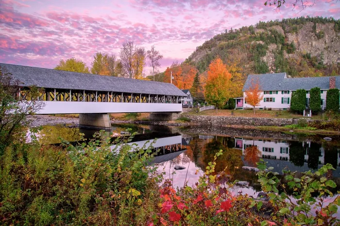 Framed Print : USA, New England, New Hampshire, Coos County, Upper Ammonoosuc River, Stark, covered bridge, sunrise