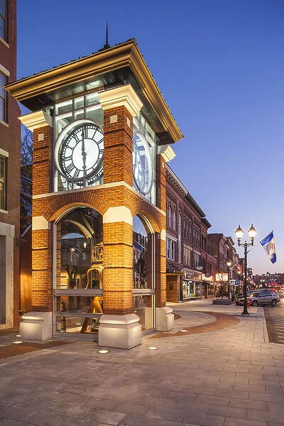 USA, New England, New Hampshire, Concord, Main Street and clocktower, dusk