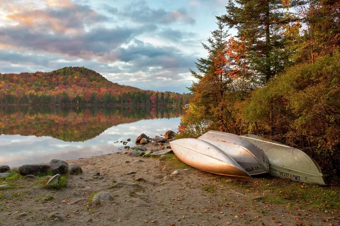 Framed Print : USA, New England, Vermont, Canoes next to Kettle Pond in Groton State Forest Framed Print : USA, New England, Vermont, Canoes next to Kettle Pond in Groton State Forest