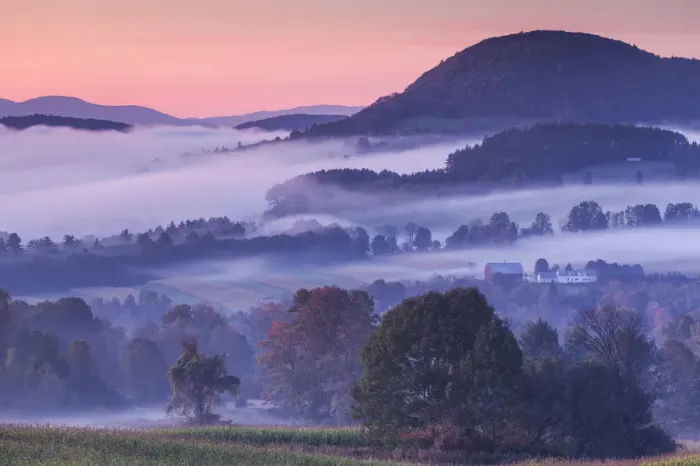 Framed Print : USA, New England, Vermont, Peacham, morning fog, autumn Framed Print : USA, New England, Vermont, Peacham, morning fog, autumn