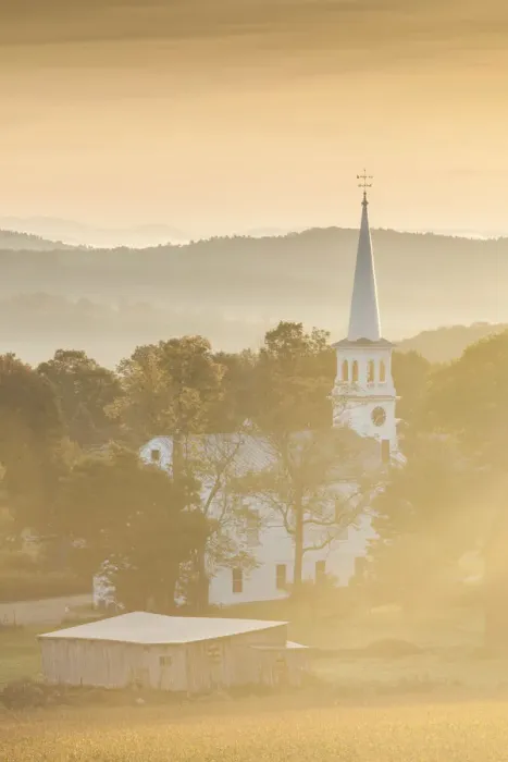 Framed Print : USA, New England, Vermont, Peacham, town church, dawn Framed Print : USA, New England, Vermont, Peacham, town church, dawn