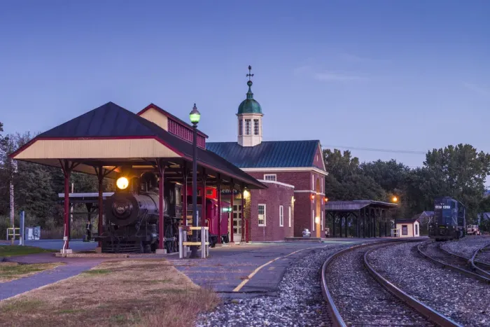 Framed Print : USA, New England, Vermont, White River Junction, train station, dusk Framed Print : USA, New England, Vermont, White River Junction, train station, dusk