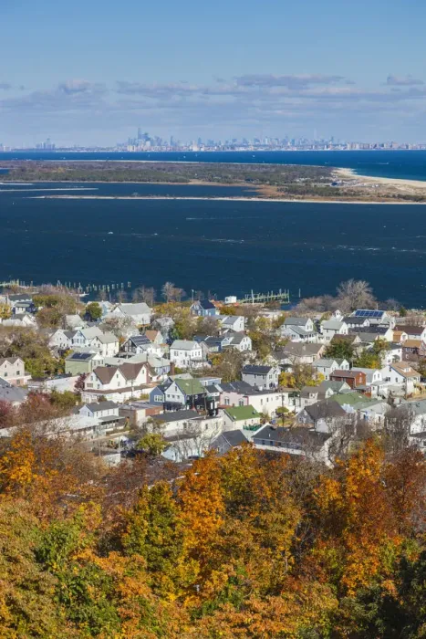 Framed Print : USA, New Jersey, Highlands, elevated view towards Sandy Hook and Manhatttan Framed Print : USA, New Jersey, Highlands, elevated view towards Sandy Hook and Manhatttan
