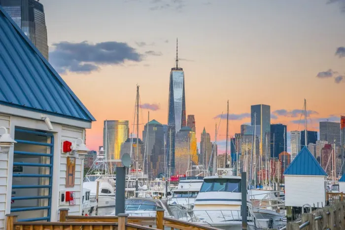 Framed Print : USA, New Jersey, Jersey City, Paulus Hook, Morris Canal Basin, Liberty Landing Marina
