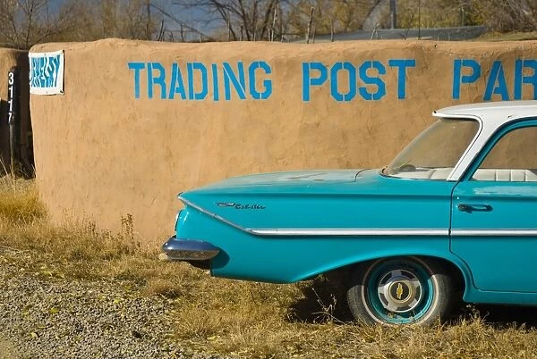 USA, New Mexico, Turquoise Trail, Trading Post and 1961 Chevrolet Bel Air 4-door sedan